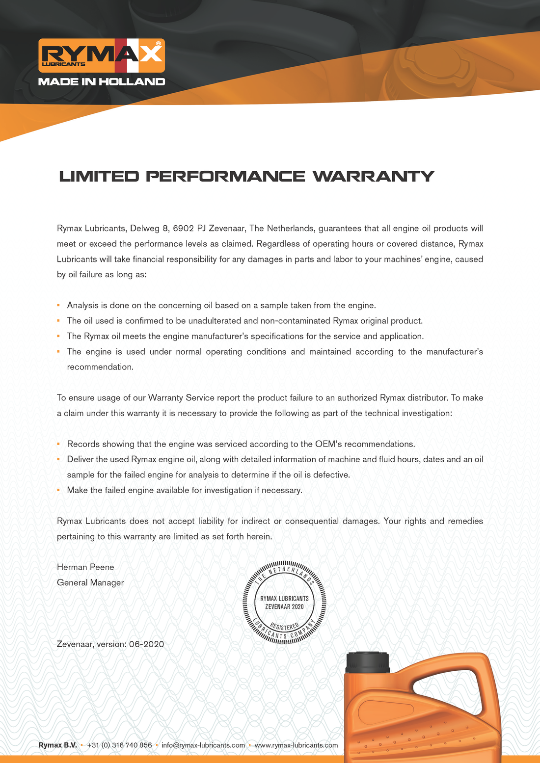 Rymax Lubricants Limited Performance Warranty